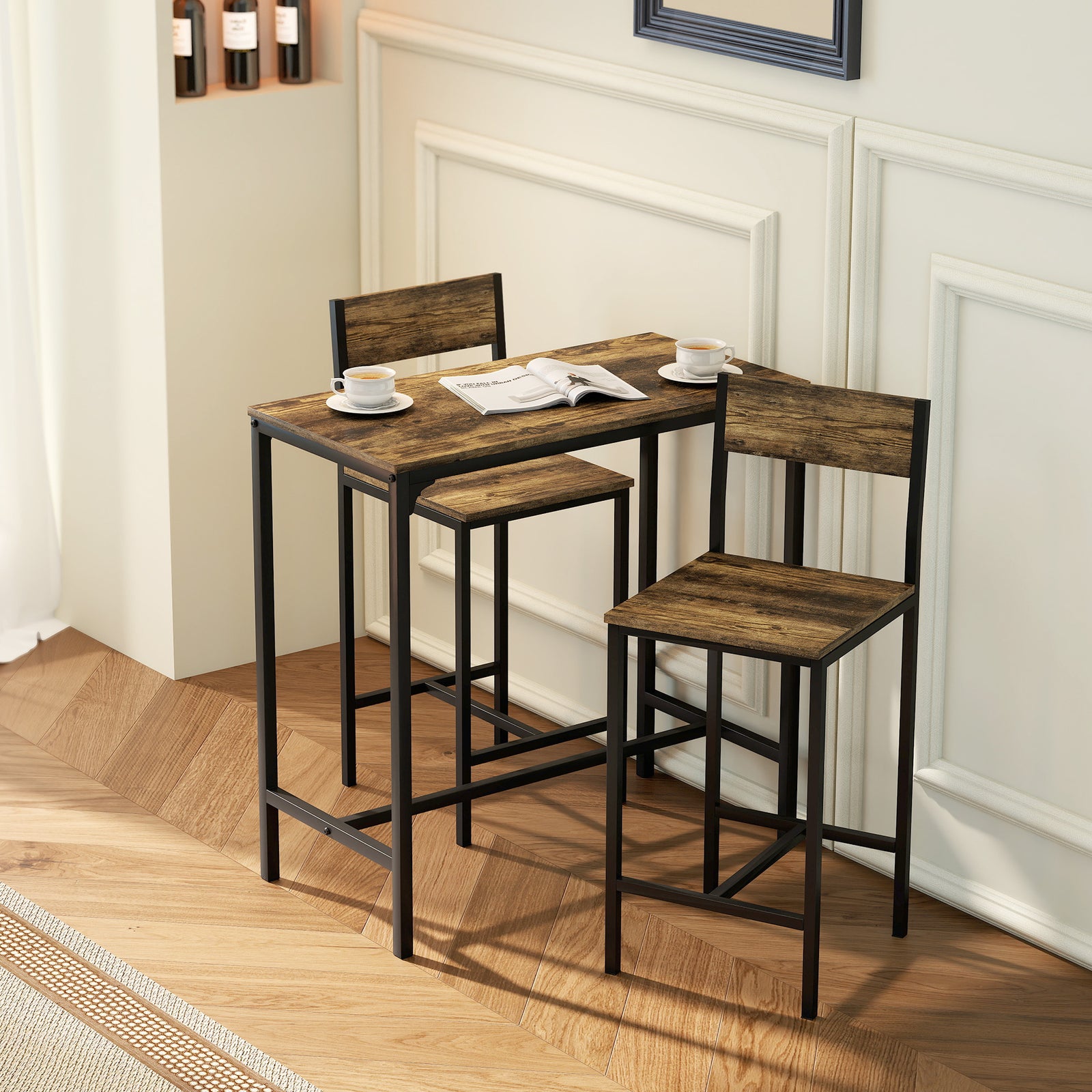 3-Piece Bar Table Set with 2 Stools, Industrial Breakfast Bar Set with