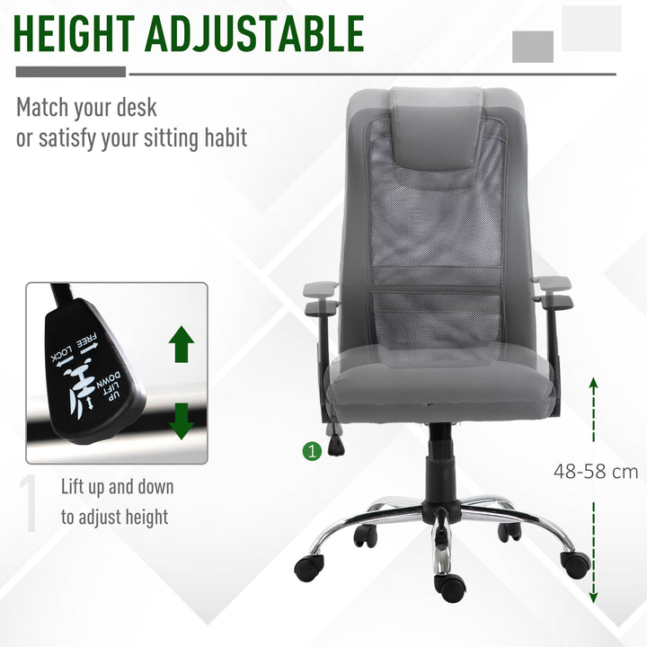 Office Chair, Computer Desk Chair, Mesh and PU Leather Swivel Chair with Adjustable Height and Rolling Wheels for Home Office Work Study, Grey
