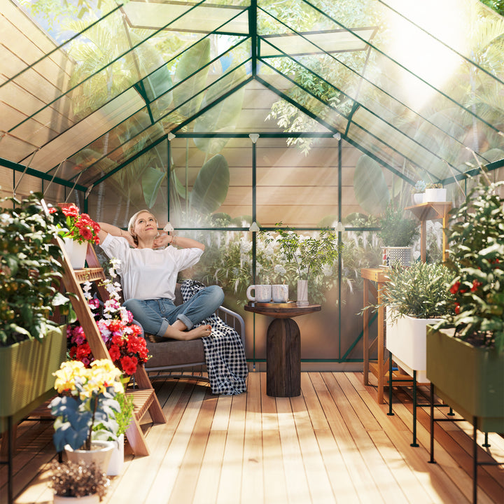 8 x 12ft Aluminium Greenhouse Polycarbonate Walk-in Garden Greenhouse Kit with Adjustable Roof Vent, Double Sliding Door, Rain Gutter and Foundation, Clear