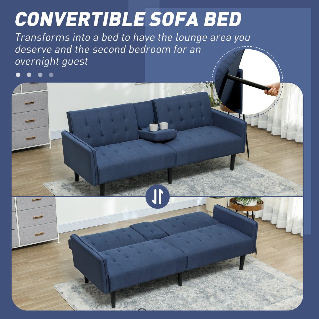 Three-Seater Sofa Bed, with Cupholders - Dark Blue