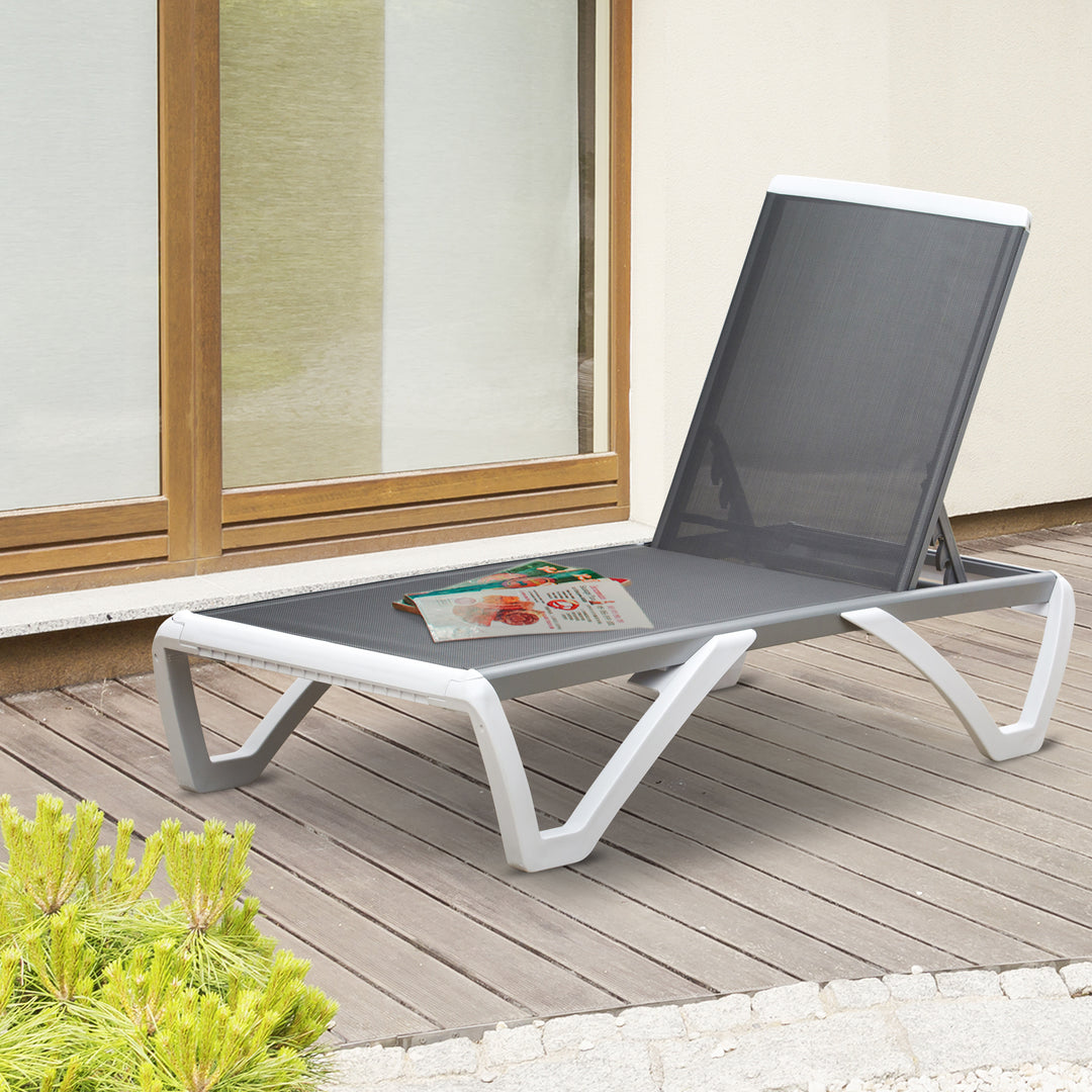 Outsunny Portable Outdoor Chaise Lounge, with Adjustable Back, Breathable Texteline, Light Grey