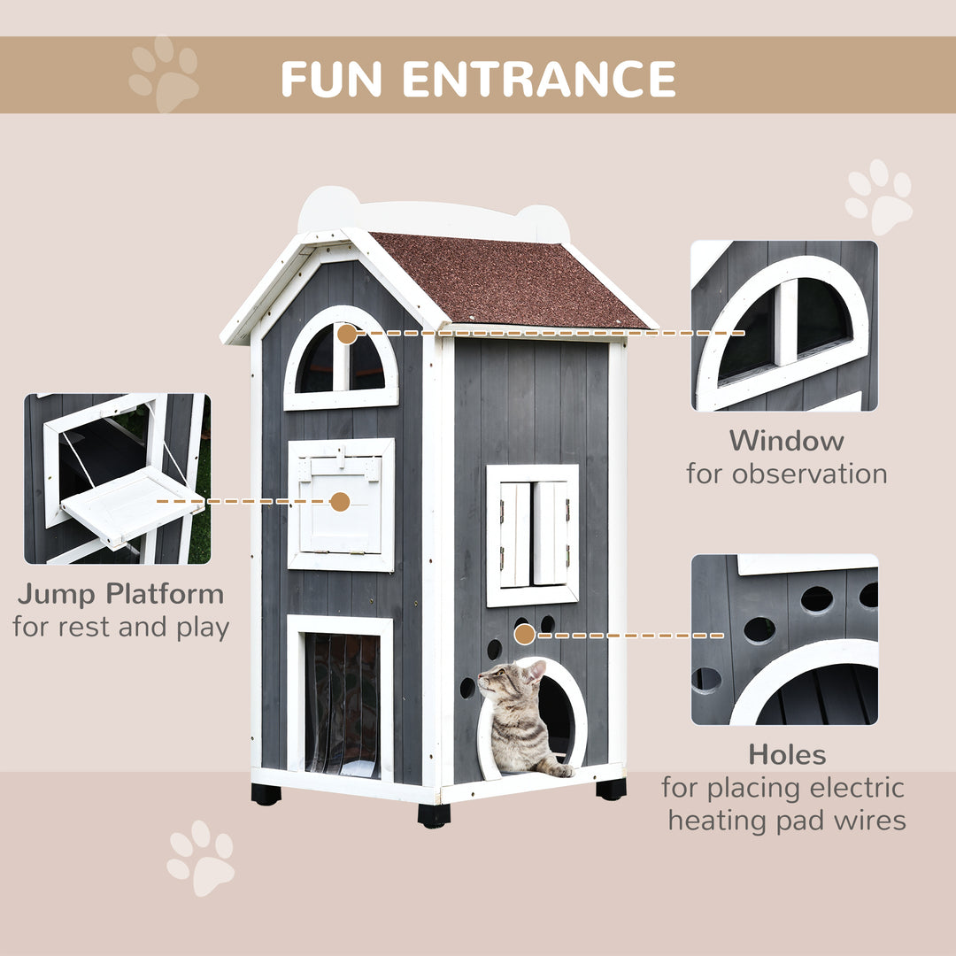 Wooden Cat House, Weatherproof Pet Shelter, Outdoor Cat Condos Cave, 2 Floor Furniture, Grey and White