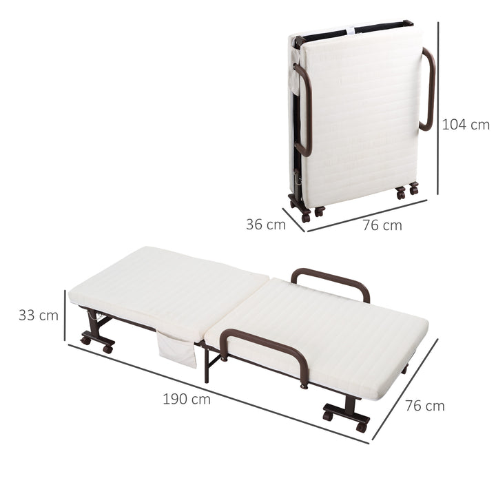 Folding Bed with Mattress, Single Guest Bed, Portable Fold Bed with Adjustable Backrest, Metal Frame on Wheels, White, 190 x 76 cm