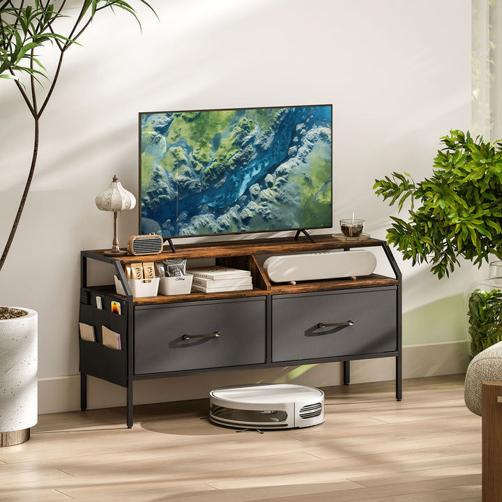 TV Stand Cabinet, TV Unit for 55-inch TVs with 2 Foldable Fabric Drawers, 5 Divided Side Pockets, Open Shelves, Console Table for Living Room, Bedroom, Entertainment Room, Rustic Brown