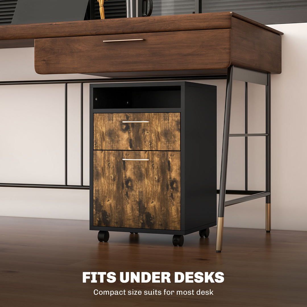 60cm Filing Cabinet with Drawer, Open Shelf, Metal Handles and 4 Wheels, Office Home Organiser Mobile Printer, Rustic Brown