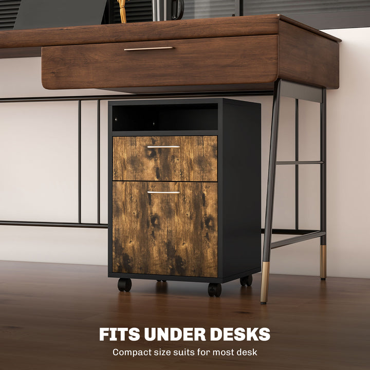 60cm Filing Cabinet with Drawer, Open Shelf, Metal Handles and 4 Wheels, Office Home Organiser Mobile Printer, Rustic Brown