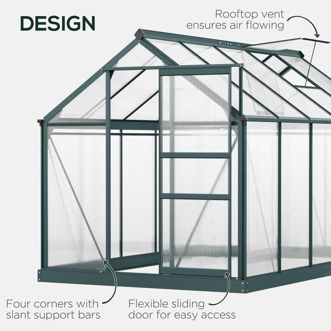 6 x 10ft Polycarbonate Greenhouse, Large Walk-In Green House with Slide Door and Window, Garden Plants Grow House with Aluminium Frame and Foundation, Dark Green