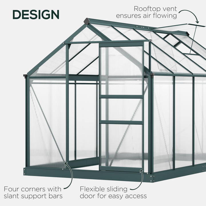 6 x 10ft Polycarbonate Greenhouse, Large Walk-In Green House with Slide Door and Window, Garden Plants Grow House with Aluminium Frame and Foundation, Dark Green