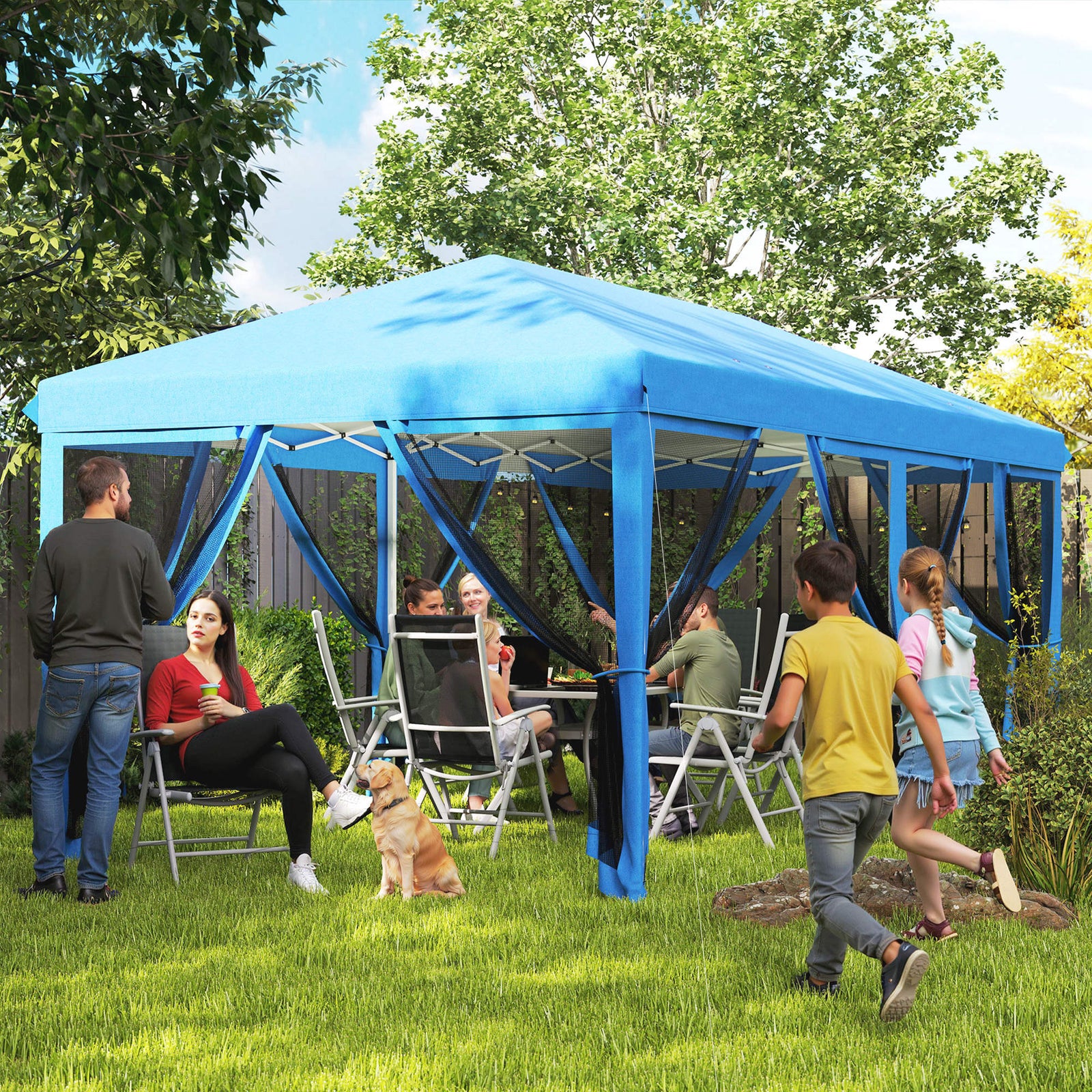3 x 6m Pop Up Gazebo, Outdoor Canopy Shelter, Marquee Party Wedding Tent with 6 Mesh Walls and Carry Bag, Blue