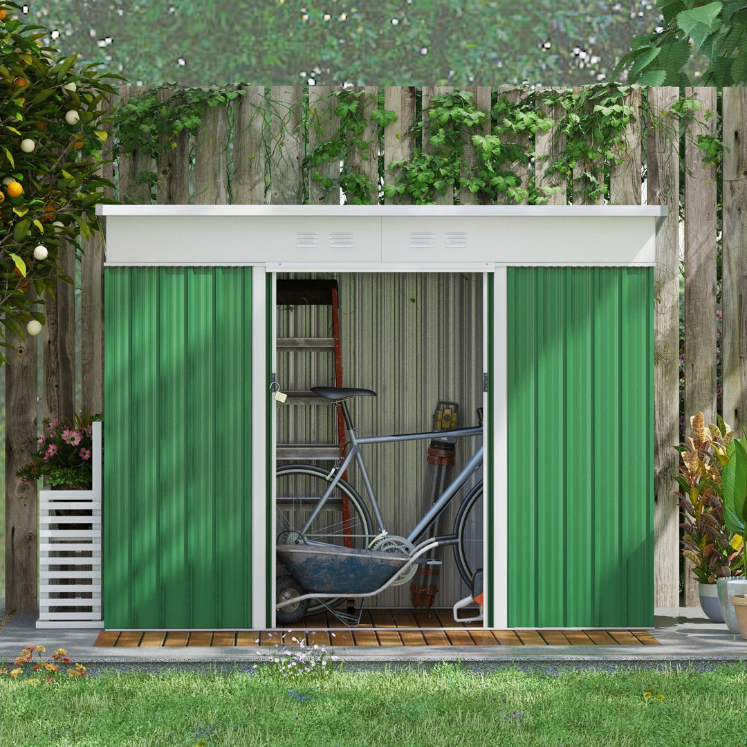 7.6 x 4.3ft Garden Storage Shed with Lockable Sliding Doors and Ventilation, Metal Garden Tool Storage House, Green