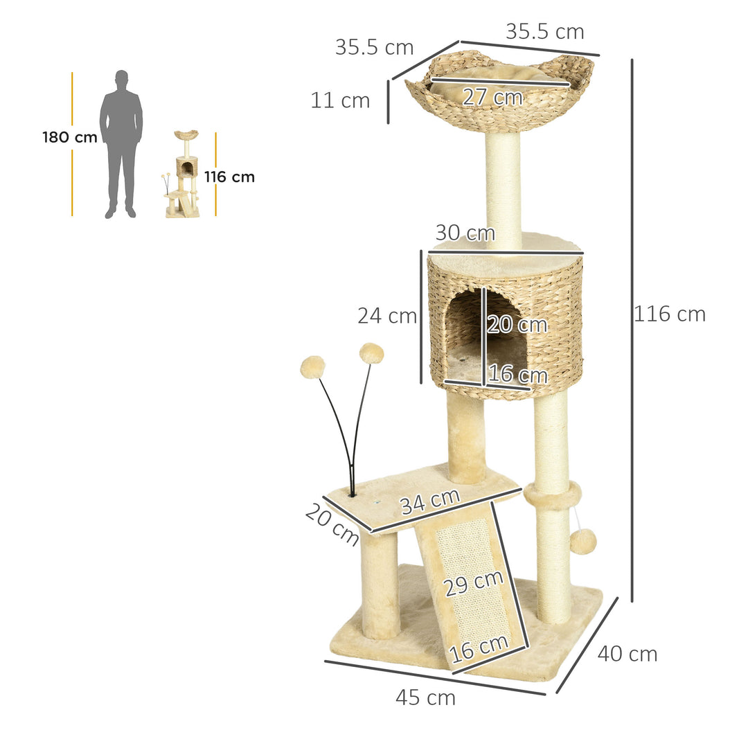 PawHut Cat Tree Tower with Scratching Posts, Cosy House, Bed, Interactive Toy Ball, Multi-Level, Beige | Aosom UK