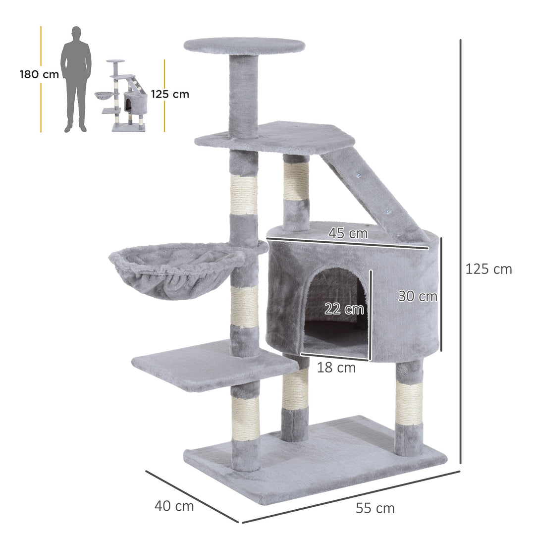 PawHut Cat Tree with Scratching Post, Kitten Activity Centre, Play House, Pet Furniture, 125cm, Grey | Aosom UK