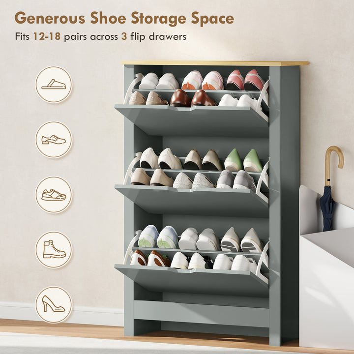 Slim Shoe Cabinet, Narrow Shoe Cupboard with 3 Flip Drawers, Adjustabl