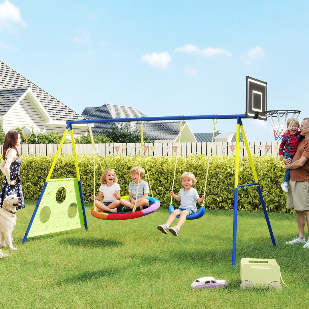 4-in-1 Kids Swing Set with Saucer Swing, Basketball Hoop and Football 