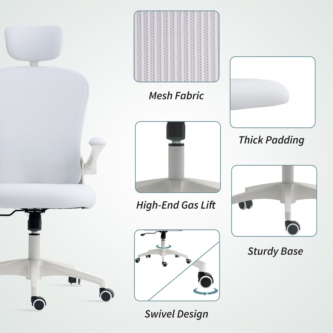 Multi-Adjustable Office Chair, with Lumbar Support, Headrest and Mesh Back - White