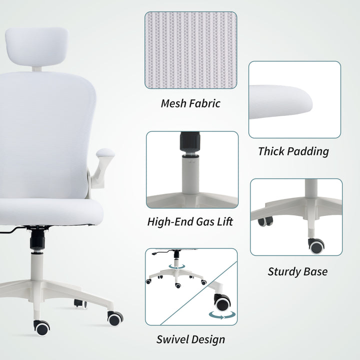 Multi-Adjustable Office Chair, with Lumbar Support, Headrest and Mesh Back - White