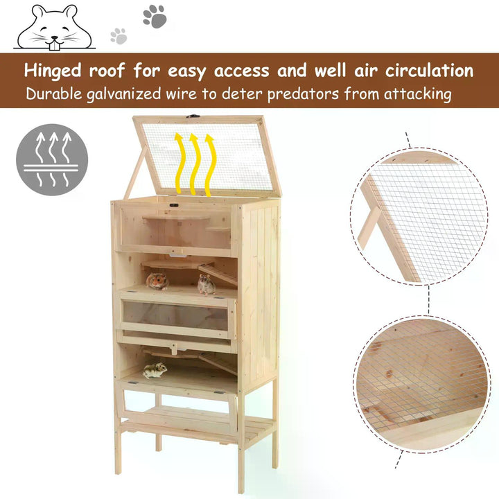 PawHut Hamster Cage Wooden Mouse Rodent Small Pet Animals 4 Layers Tall Bottom Storage Shelf Easy Clean