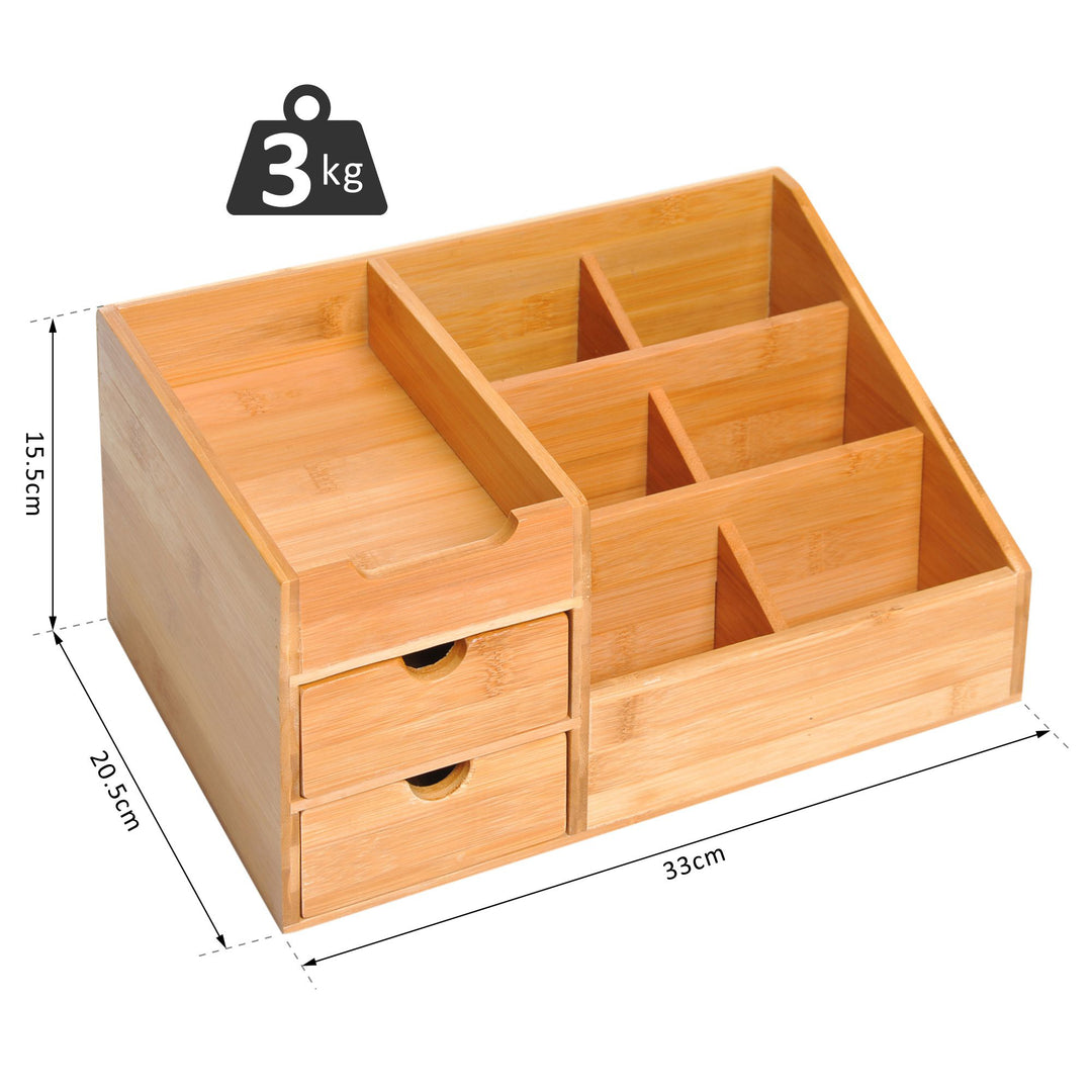 Desk Organiser Holder, Bamboo Multi-Function Storage Caddy with 7 Storage Compartments and 2 Drawers for Home Office Stationary Supplies, Natural Bamboo