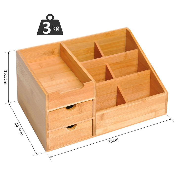 Desk Organiser Holder, Bamboo Multi-Function Storage Caddy with 7 Storage Compartments and 2 Drawers for Home Office Stationary Supplies, Natural Bamboo