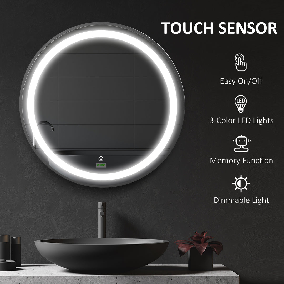Round LED Bathroom Mirror, Dimmable Lighted Wall-Mounted Mirror with 3 Temperature Colours, Memory Function, Hardwired