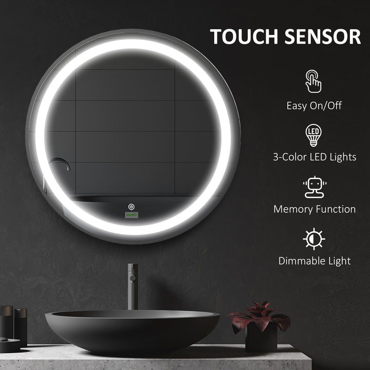 Round LED Bathroom Mirror, Dimmable Lighted Wall-Mounted Mirror with 3 Temperature Colours, Memory Function, Hardwired