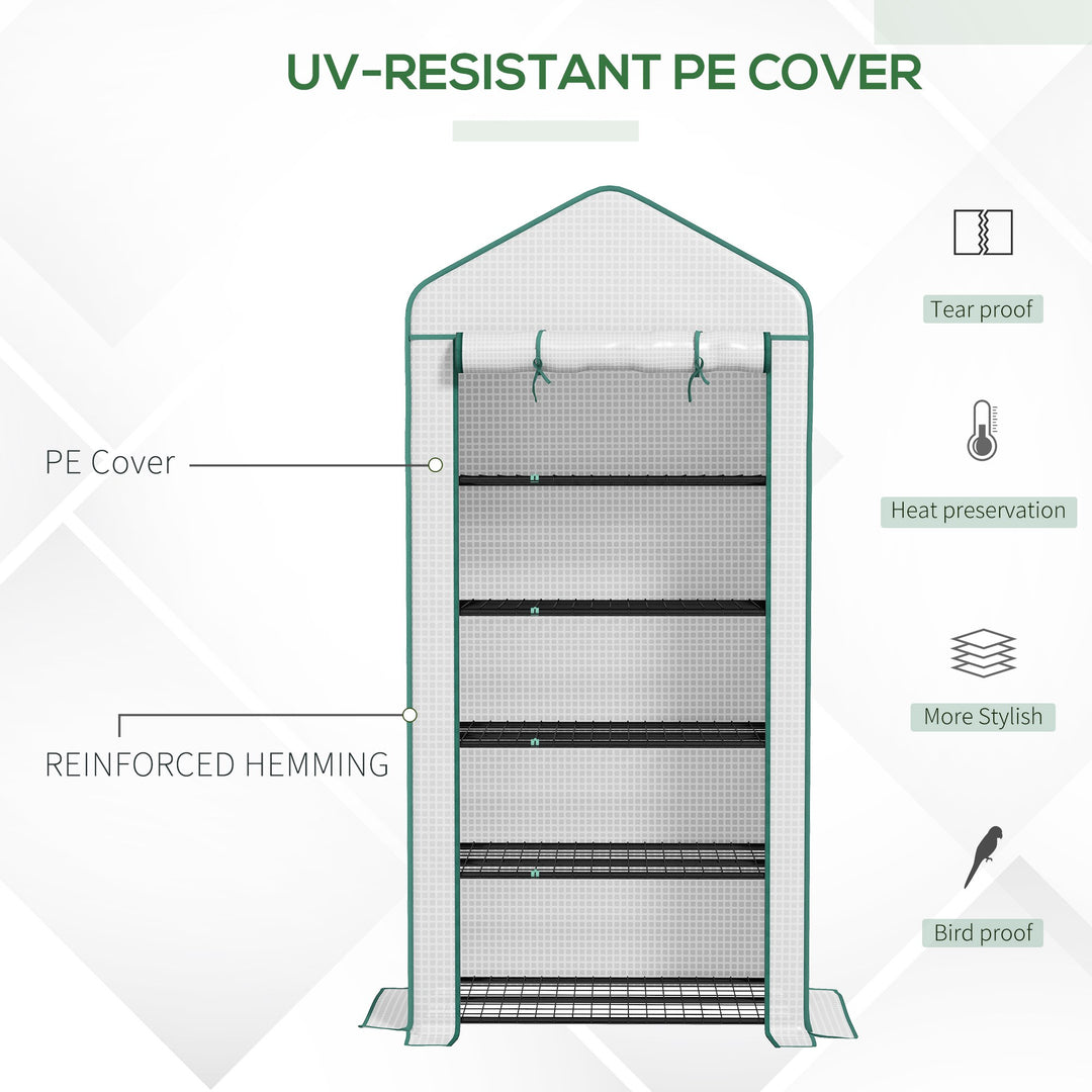 5 Tier Widened Mini Greenhouse with Reinforced PE Cover, Portable Indoor Outdoor Green House with Roll-up Door and Wire Shelves, 193H x 90W x 49Dcm, White