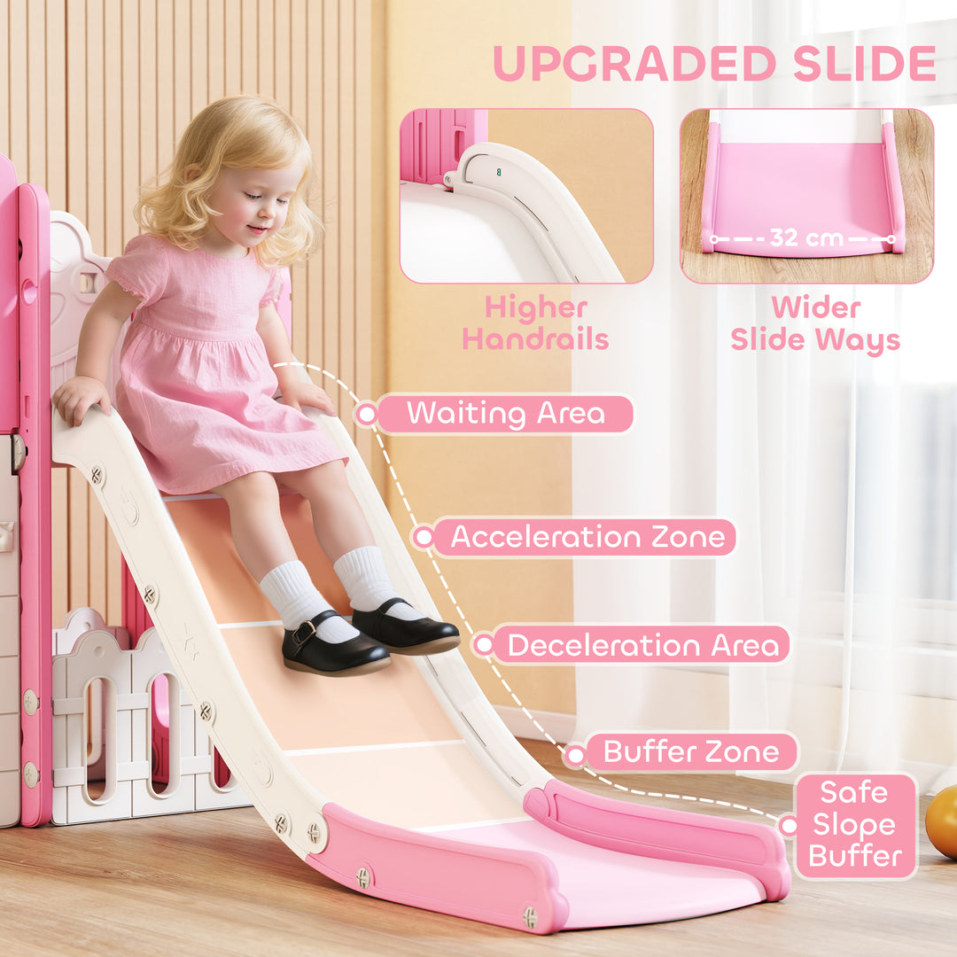 AIYAPLAY 7 in 1 Toddler Slide Set with Basketball Hoop, Climbing Frame, Telescope, Drawing Board, Storage Box, Pink
