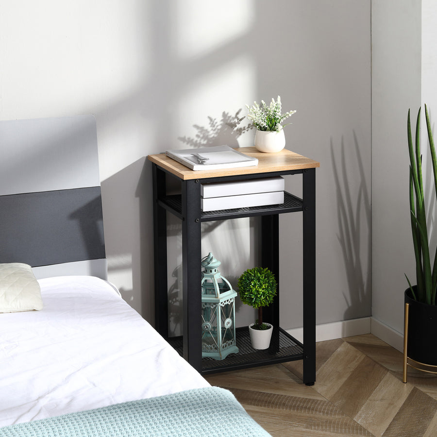 Tall Side Table with 3 Layer 2 Shelves Storage Display Industrial-Style Metal Frame Bedside End Table Nightstand for Living Room Bedroom Lounge