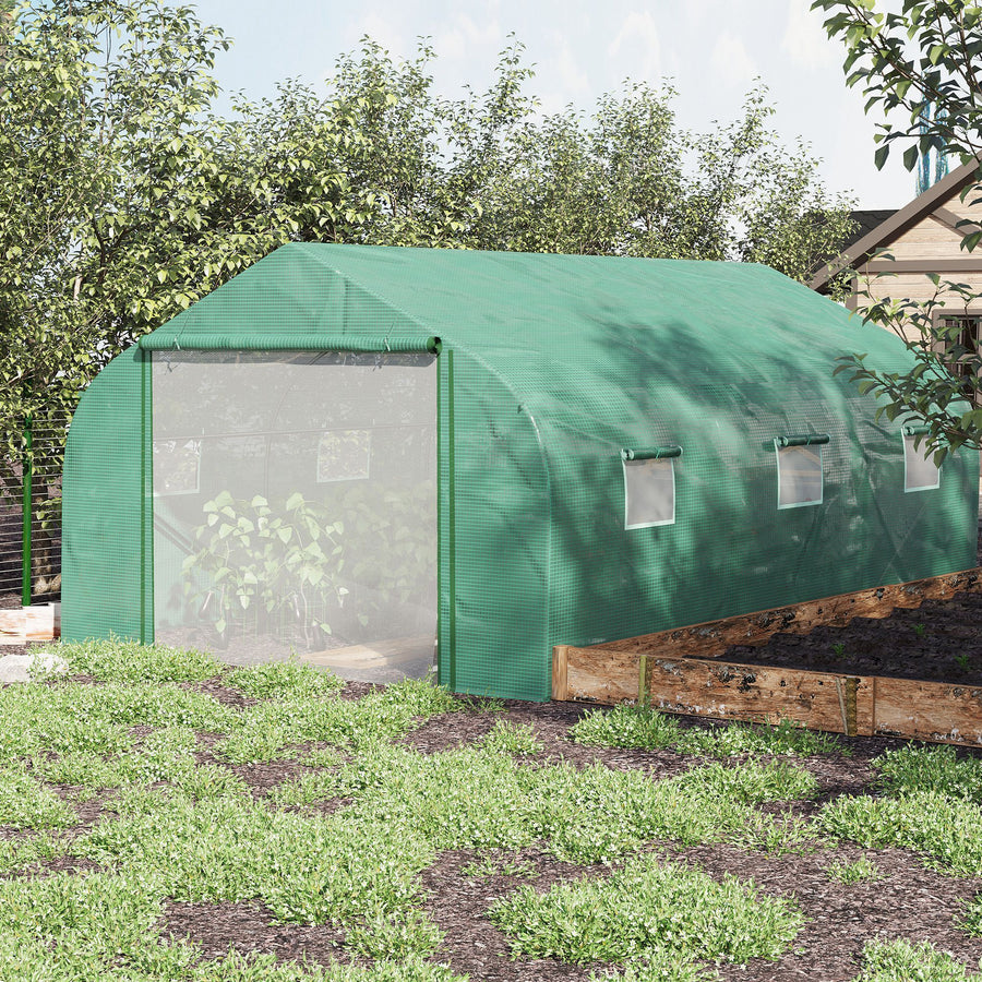 Walk-in Polytunnel Garden Greenhouse, Outdoor Mesh Door Greenhouse with PE Cover and 6 Windows, 4.5 x 3 x 2m, Green