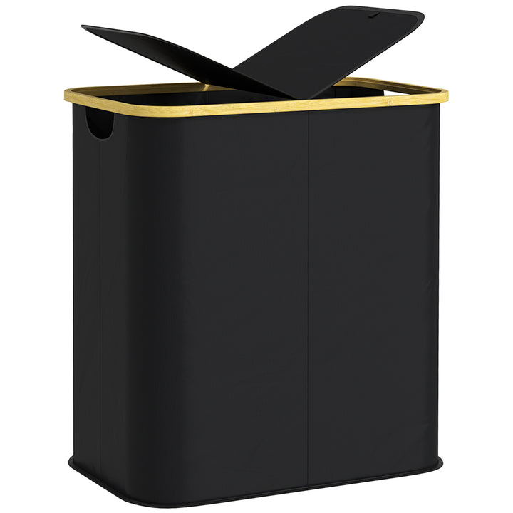 Double Laundry Basket With Lid, 80L Collapsible Laundry Hamper with Groove Handles, Washing Basket for Bathroom, Bedroom, Laundry Room, Black