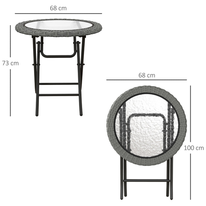 Folding Rattan Garden Dining Table, 68 cm Round Rattan Garden Table with Water Ripple Tempered Glass Top, Wicker Edging and Steel Frame for Outdoor, Patio, Grey