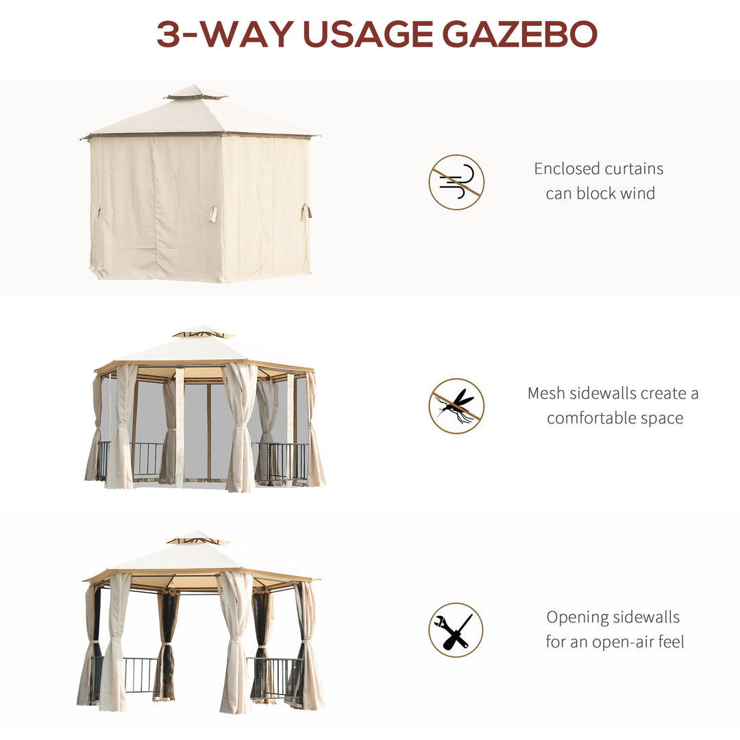 3 x 3 Hexagon Gazebo Patio Canopy Party Tent Outdoor Garden Shelter with 2 Tier Roof and Side Panel, Beige