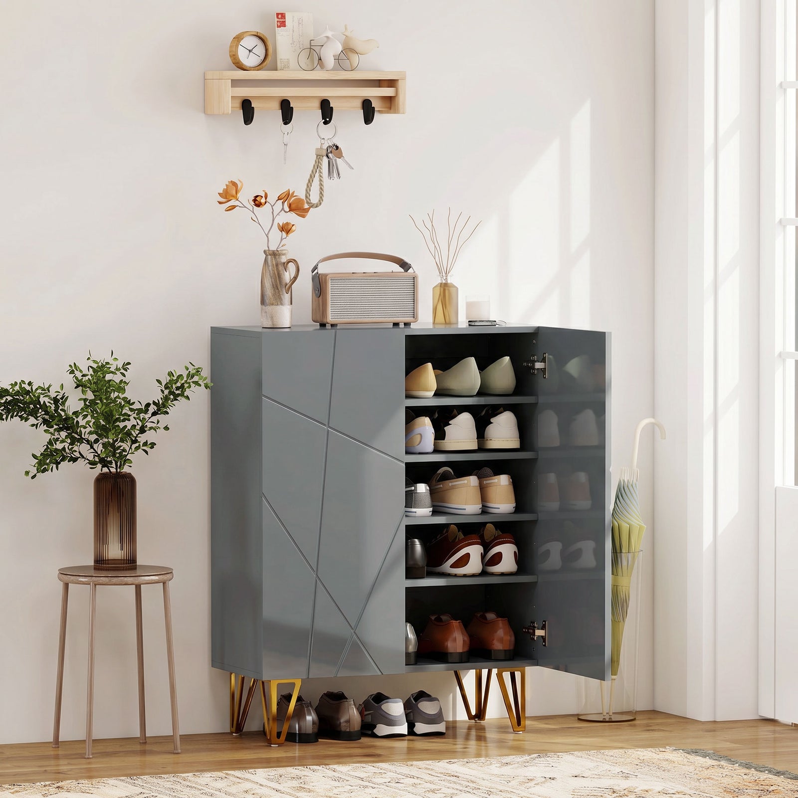 Narrow Shoe Storage Cabinet with Soft-Close Hinges and Adjustable Shel