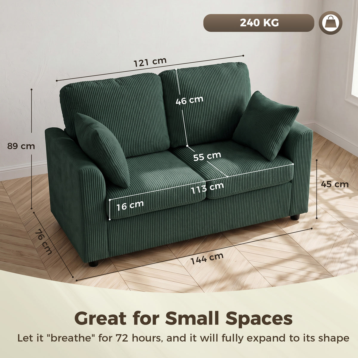 2 Seater Sofa, Corduroy Small Couch with Spring Cushion, Wide and Deep