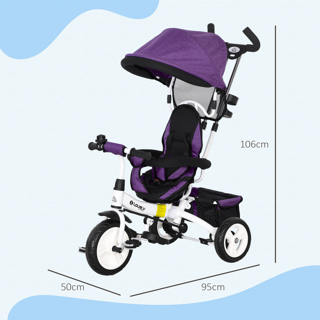 HOMCOM 4 in 1 Kids Trike Push Bike w/ Push Handle, Canopy, 5-point Safety Belt, Storage, Footrest, Brake, for 1-5 Years, Purple | Aosom UK