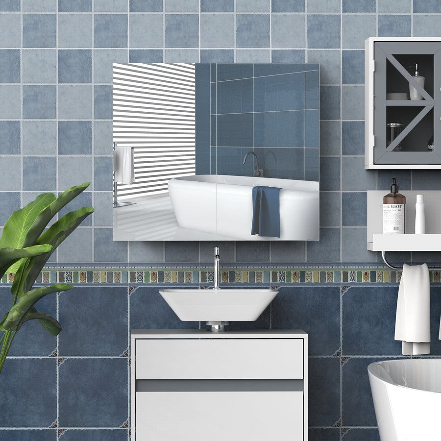 Mirror Cabinet, Wall Mount Bathroom Storage Cabinet with Adjustable Shelf, Double Door Cupboard, 70 x 15 x 60 cm, White