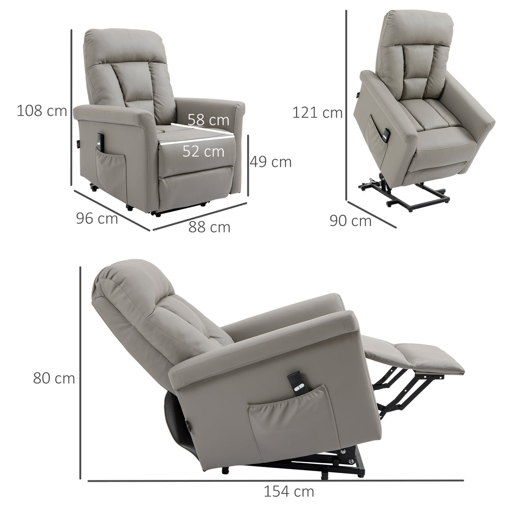 MCL Power Lift Chair Armchair for the Elderly, PU Leather Recliner Chair with Extended Footrest, Remote Control and Side Pocket, Grey