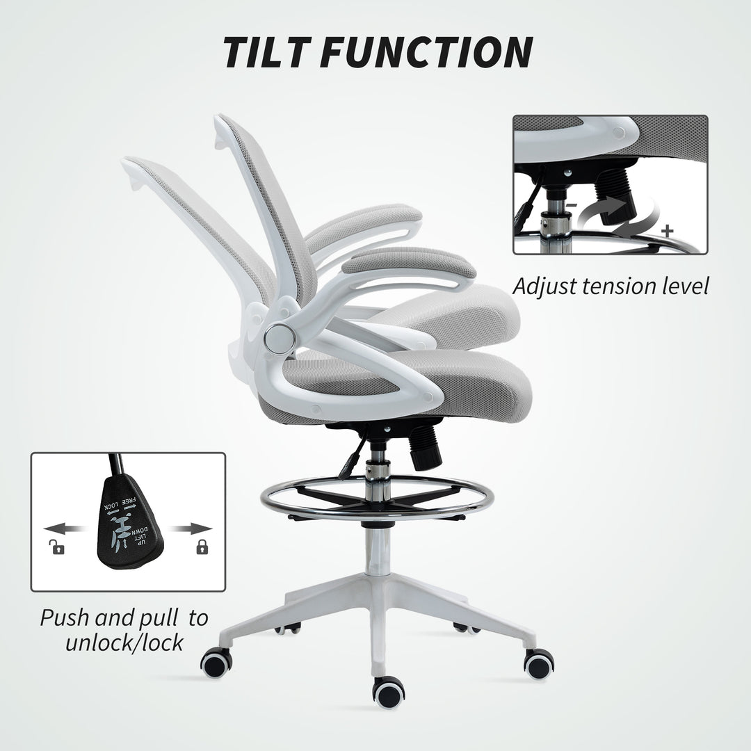 Drafting Chair with Flip-up Armrest, Mesh Office Stool with Foot Ring, 360 Degree Swivel Height Adjustable Chair for Standing Desk, Light Grey