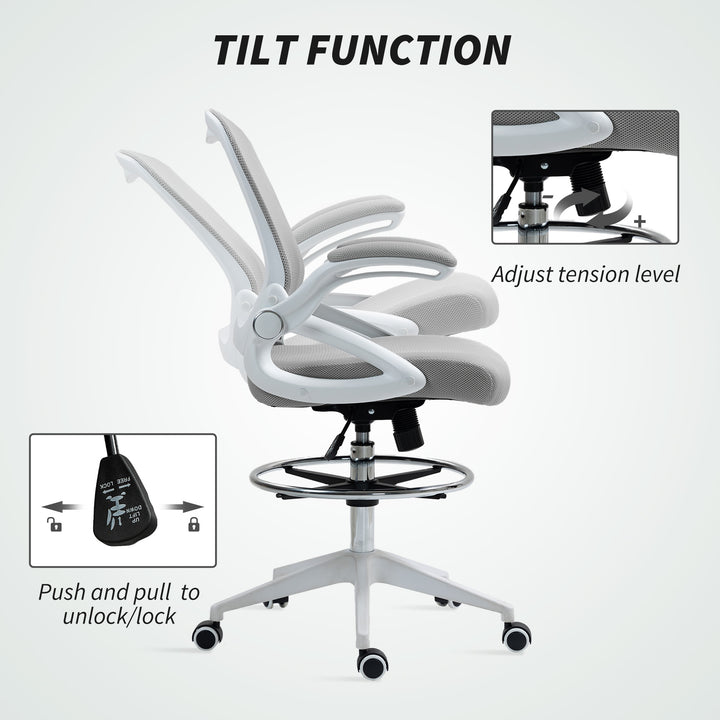 Drafting Chair with Flip-up Armrest, Mesh Office Stool with Foot Ring, 360 Degree Swivel Height Adjustable Chair for Standing Desk, Light Grey
