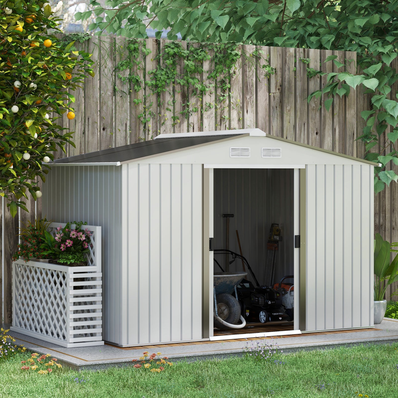 Metal Bike Shed, Mobility Scooter Shed House with Foundation Kit, Ventilation, Doors, 9 x 6FT, Silver