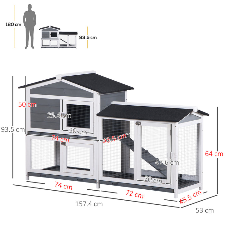 PawHut Wooden 2-Tier Rabbit Hutch w/ Tray Ramp Grey