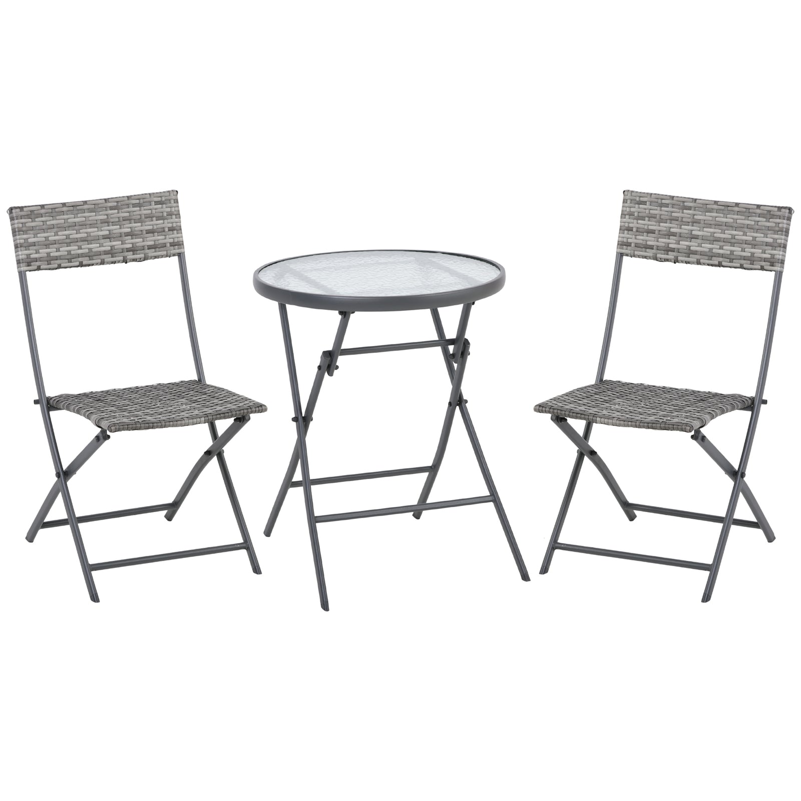3 Pieces Rattan Bistro Set, Wicker Folding Garden Furniture Set with Glass Top Coffee Table and Chairs for Outdoor, Patio, Balcony, Grey