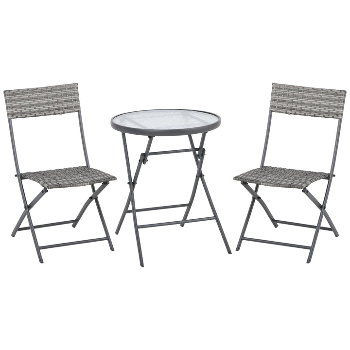 MCL 3 Pieces Rattan Bistro Set, Wicker Folding Garden Furniture Set with Glass Top Coffee Table and Chairs for Outdoor, Patio, Balcony, Grey