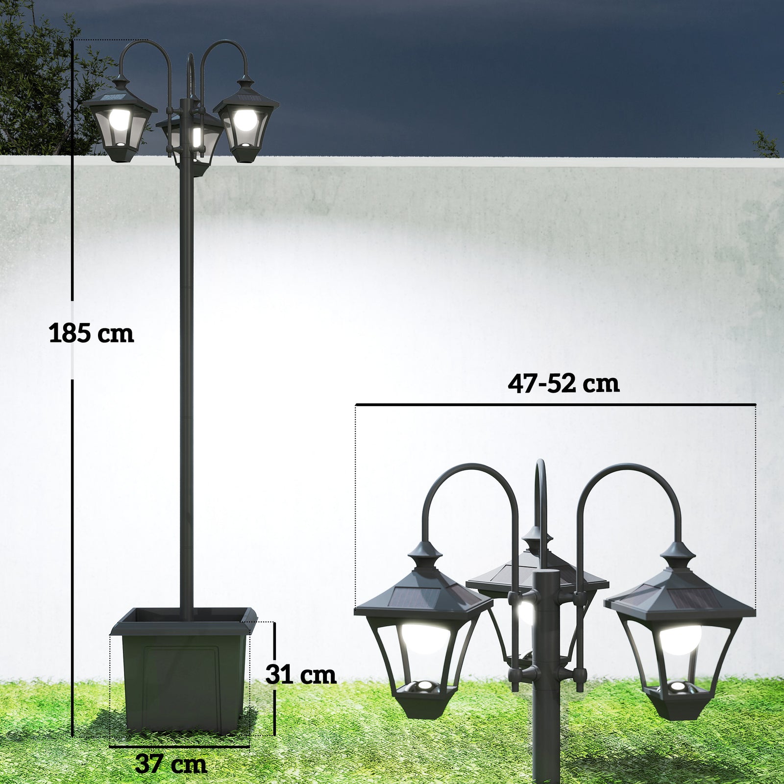 Solar Lamp Post with Dusk-to-Dawn Sensor Street Light with 3-Head Plan