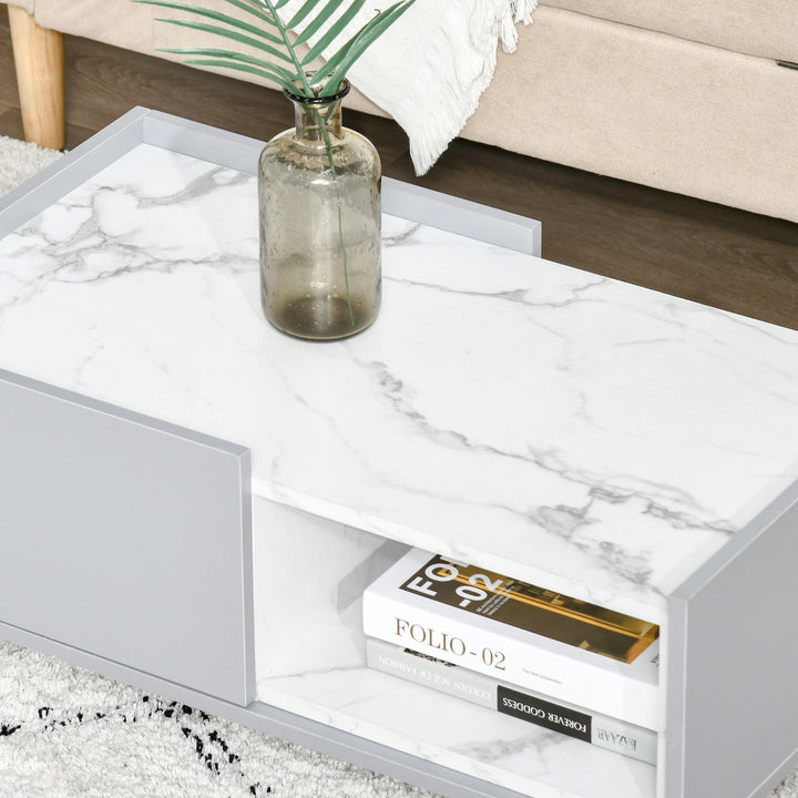 White Coffee Table with Faux Marble Top, 2-Tier Wood Center Table Sofa Table with Storage Drawer and Shelf for Home Living Room Reception Room