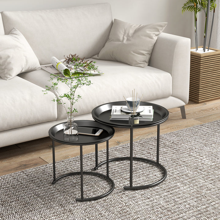 Nesting Tables Set of 2, Side End Table with Removable Tabletop Tray and Steel Frame for Living Room, Bedroom, Black