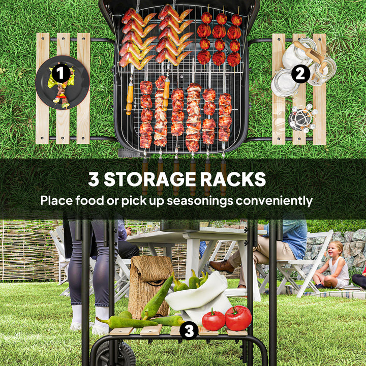 Charcoal Barbecue Grill Portable BBQ Grill with 1840 cm² Cooking Area, 3 Shelves, Adjustable Vent, Lockable Lid, Wheels for Outdoor Cooking, Garden Party, Black