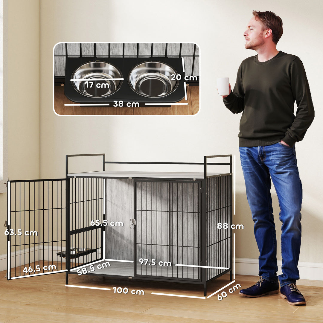Large Dog Crate Furniture with Rotating Bowl Holder, 2 Bowls, 2 Doors, for Large Dogs, 100 x 60 x 88 cm, Grey