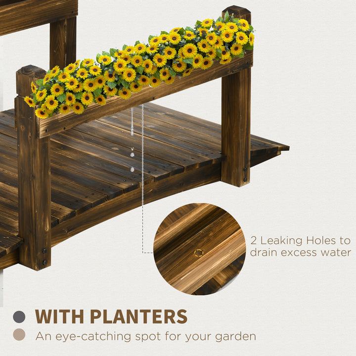 5FT Wooden Garden Bridge with Planters on Safety Railings, Stained Finish Arc Footbridge for Pond Backyard Stream