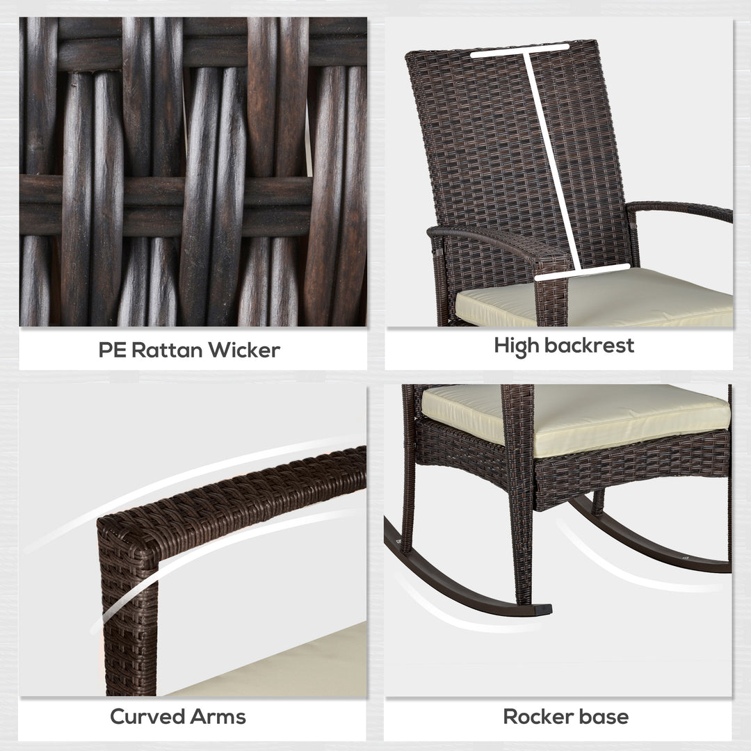 PE Rattan Garden Rocking Chair, Outdoor Rocking with Cushion, 160 KG Capacity Wicker Garden Armchair Rocker with Metal Frame for Patio, Porch, Balcony, Brown